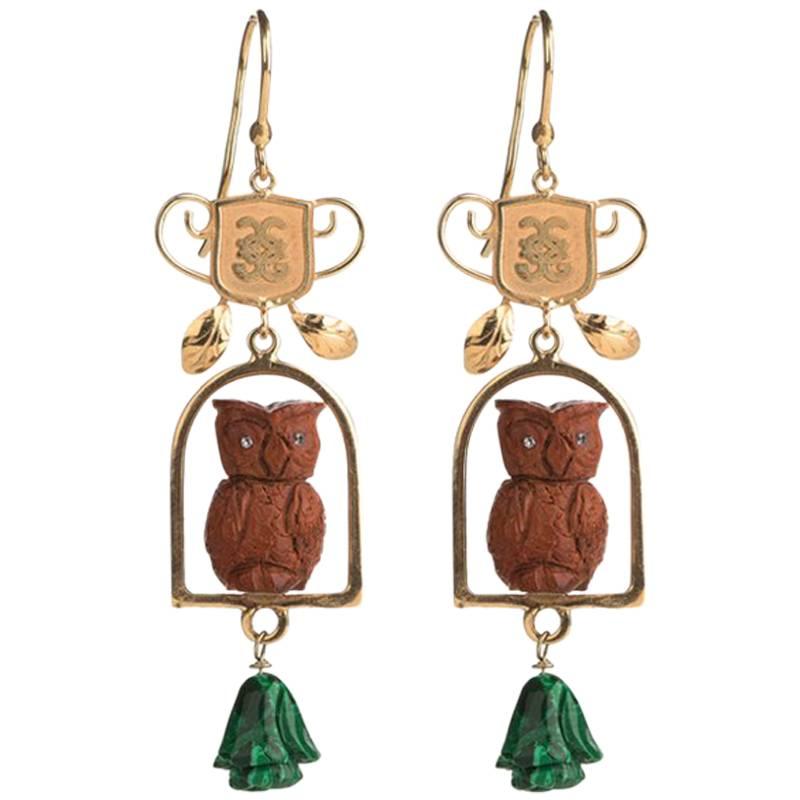 Couleurs de Géraldine Gold Diamond Malachite Owl Earrings For Sale