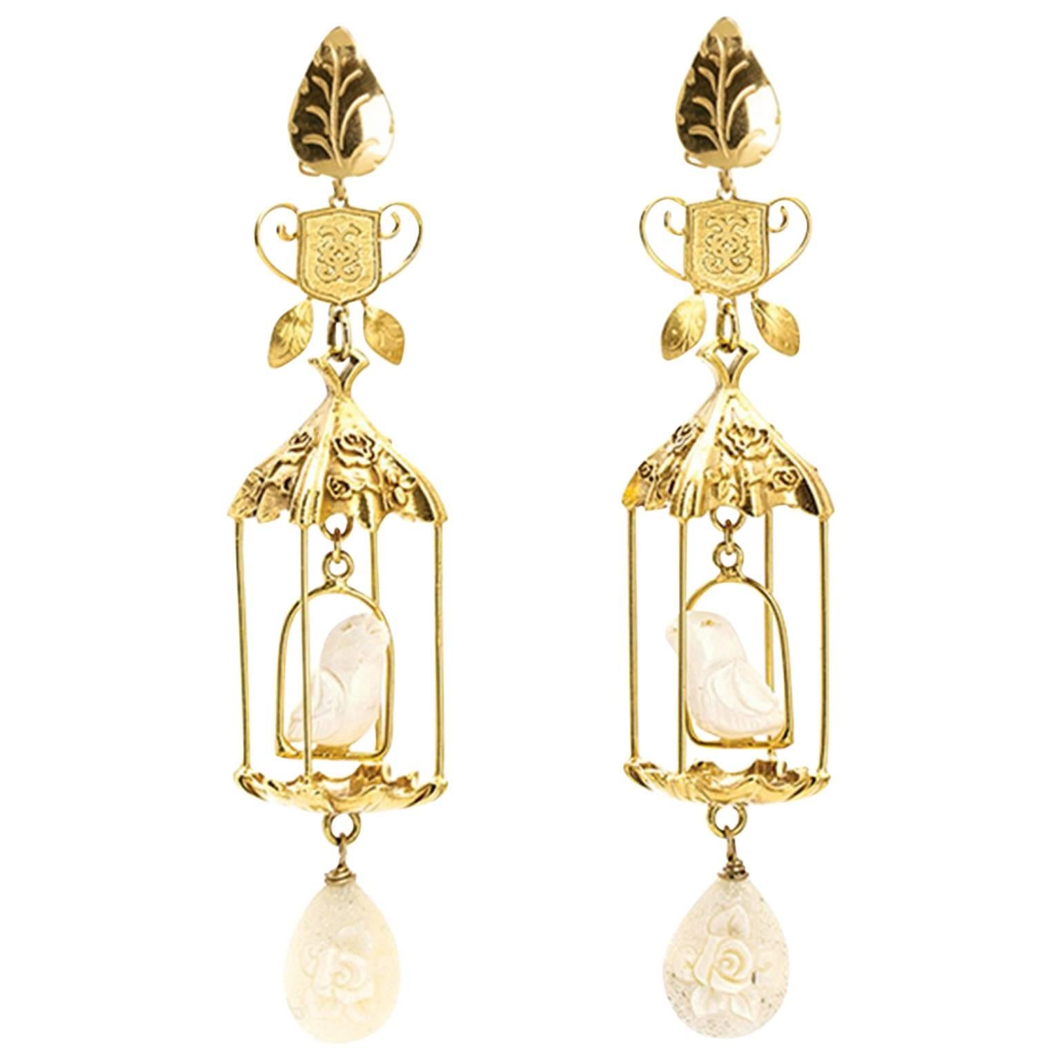18k Gold Diamond Nuvory Vermeil Bird Cage Dangle Drop Earrings  For Sale