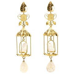 18k Gold Diamond Nuvory Vermeil Bird Cage Dangle Drop Earrings