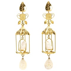 18k Gold Diamond Nuvory Vermeil Bird Cage Dangle Drop Earrings 