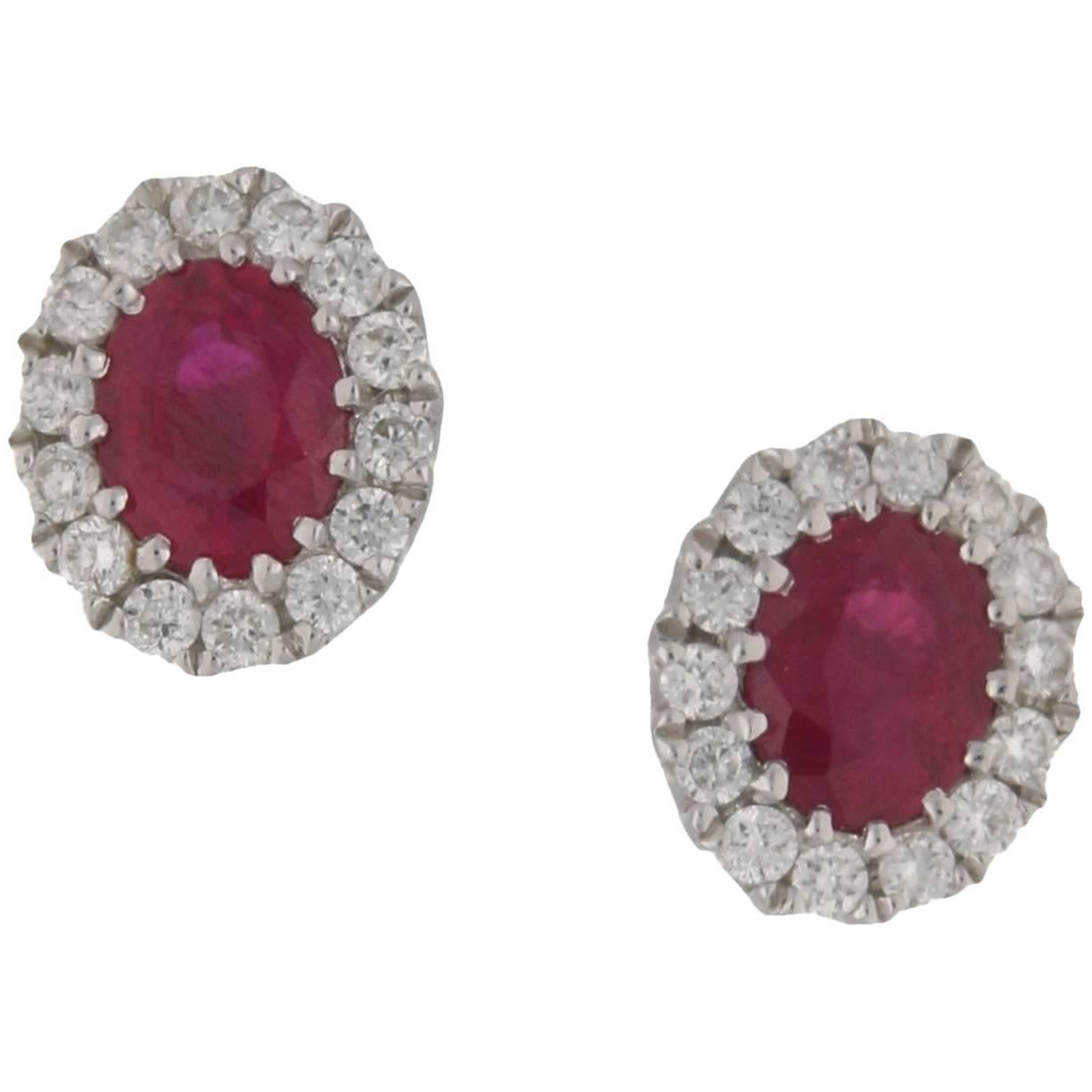 Ruby & Diamond Oval Gold Cluster Stud Earrings For Sale