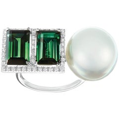 Nadine Aysoy 18 Karat Gold, Green Tourmaline Baguette and South Sea Pearl Ring