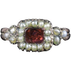 Antique Georgian Flat Cut Garnet Pearl Ring 18 Carat Gold, circa 1800