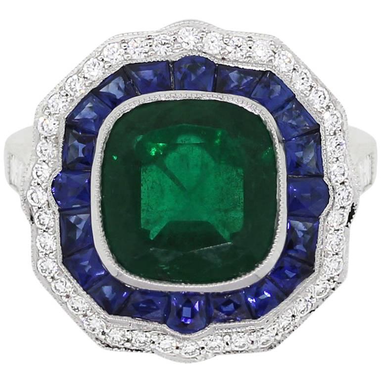 GIA Certified 3.33 Carat Untreated Emerald, Sapphire, and Diamond Cocktail Ring