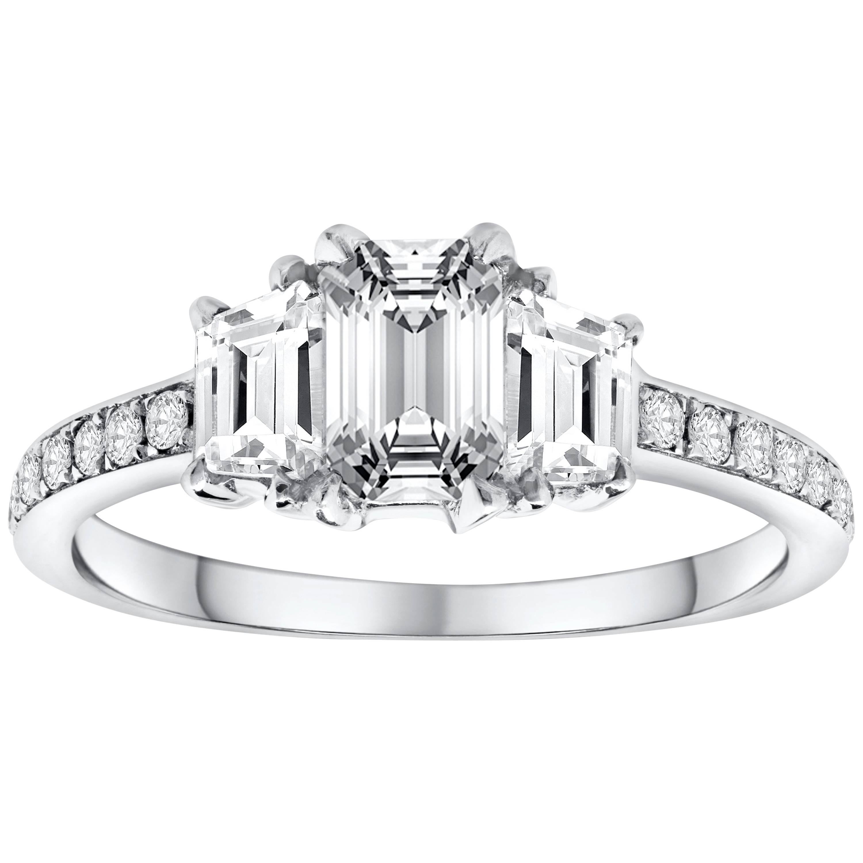 GIA Certified Emerald Cut Diamond Three-Stone Engagement Ring