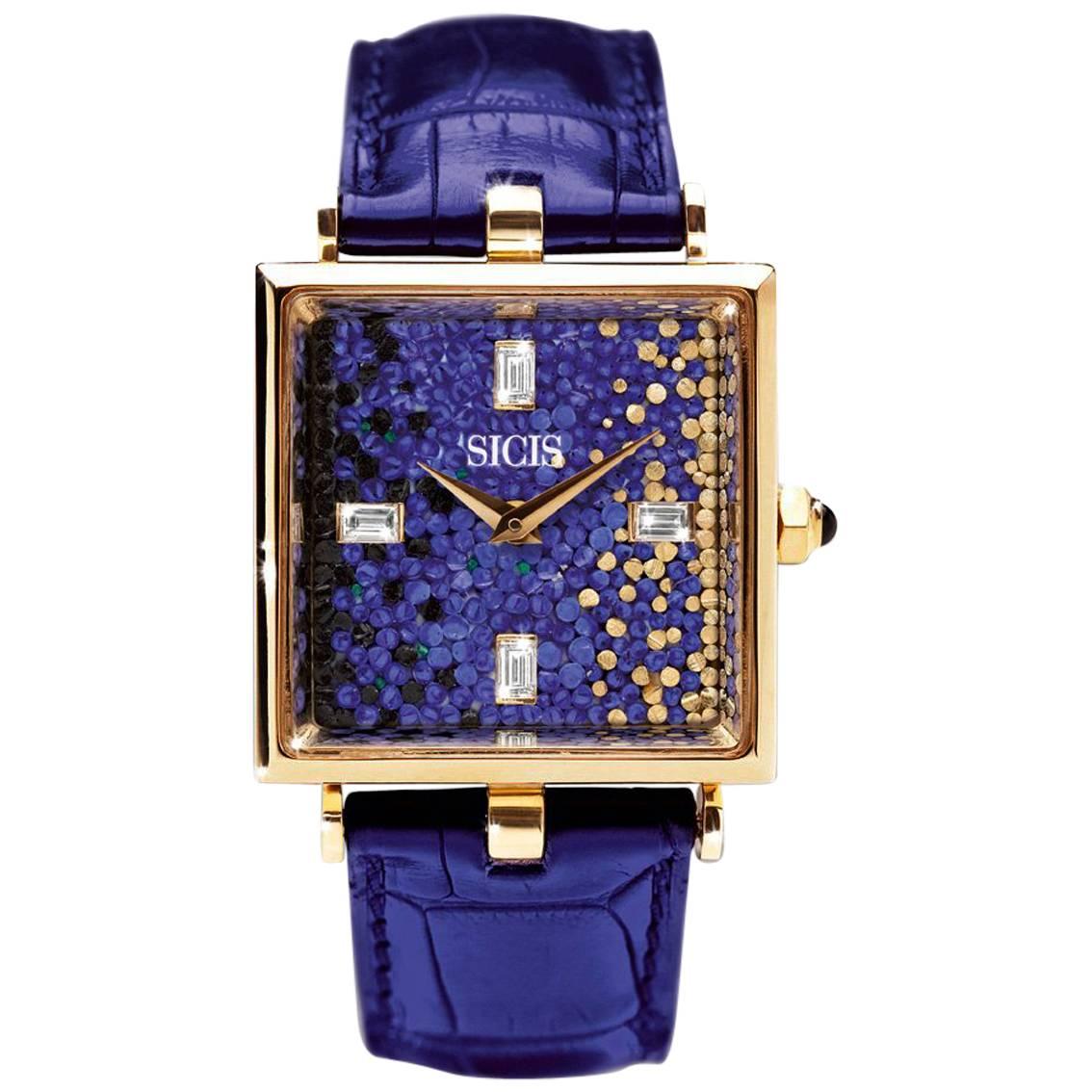 Die stilvolle Uhr in Gold mit weißen Diamanten und Krokodilriemen entworfen von Roger Thomas im Angebot