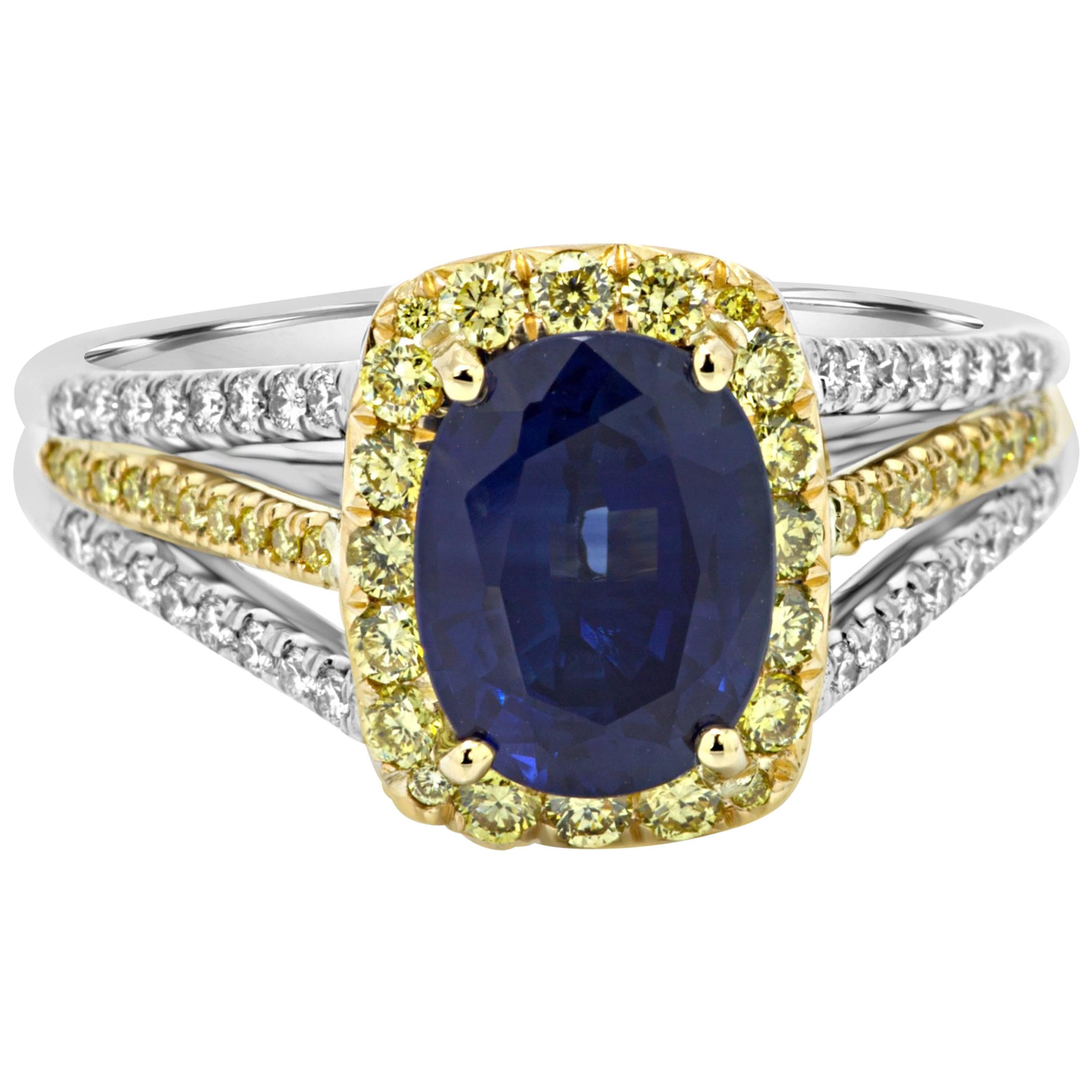 Blue Sapphire Diamond Halo Two-Color Gold Ring