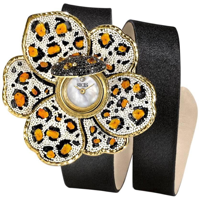 Montre-bracelet élégante en or, diamants blancs et noirs, saphirs, bracelet en satin et NanoMosaïque 