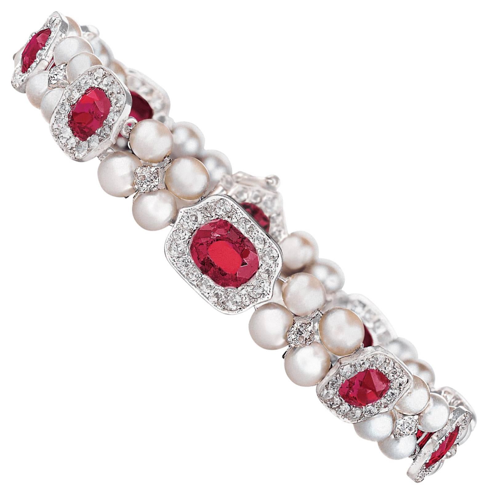 Bracelet de perles et rubis de Birmanie non traité en vente