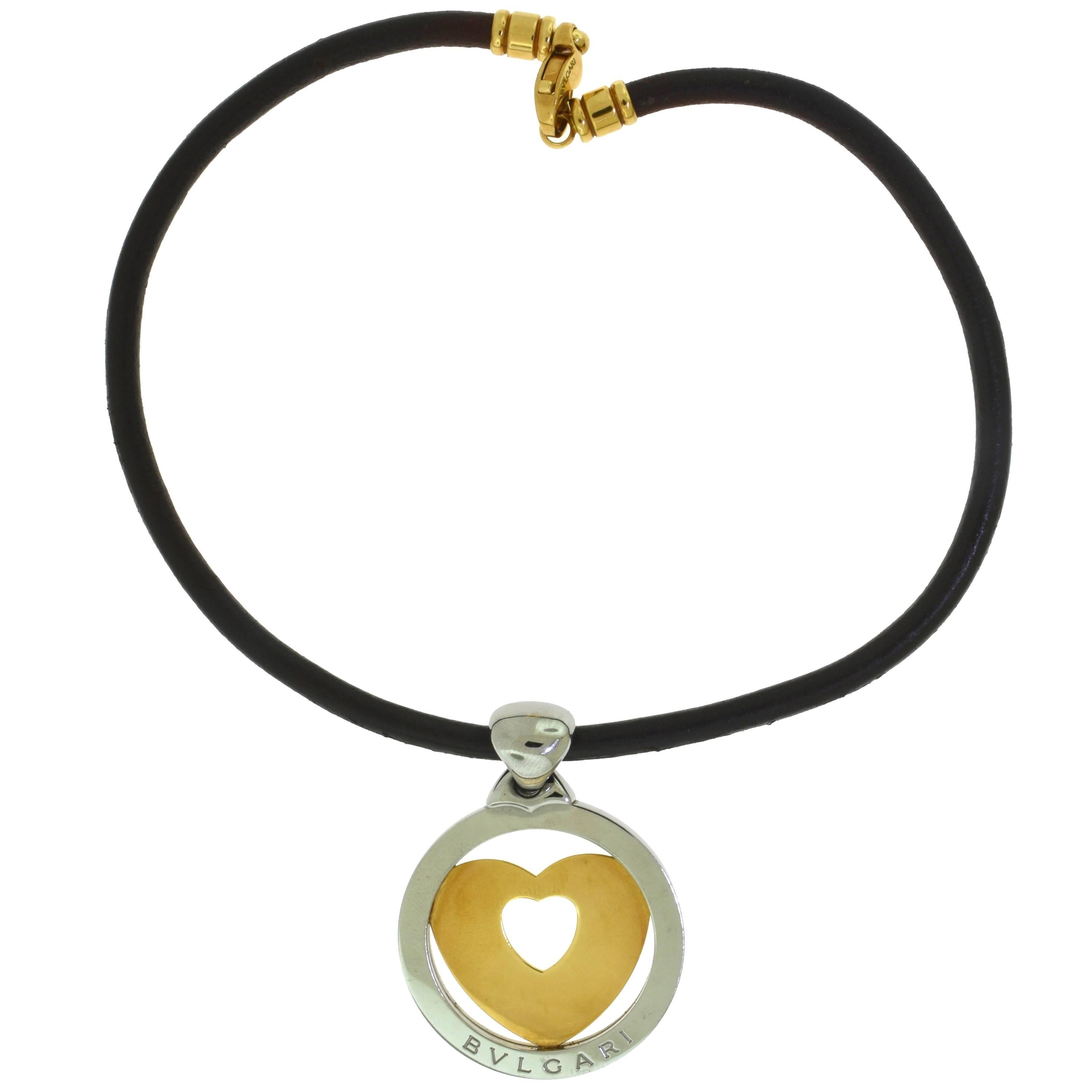 Bvlgari Tondo Large Round Heart Yellow Gold and Steel Pendant with Leather Chain For Sale