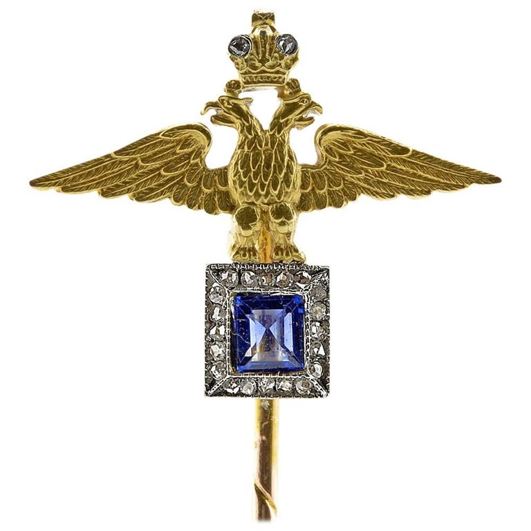 Rare Antique Fabergé Diamond Sapphire Gold Imperial TieStick Pin