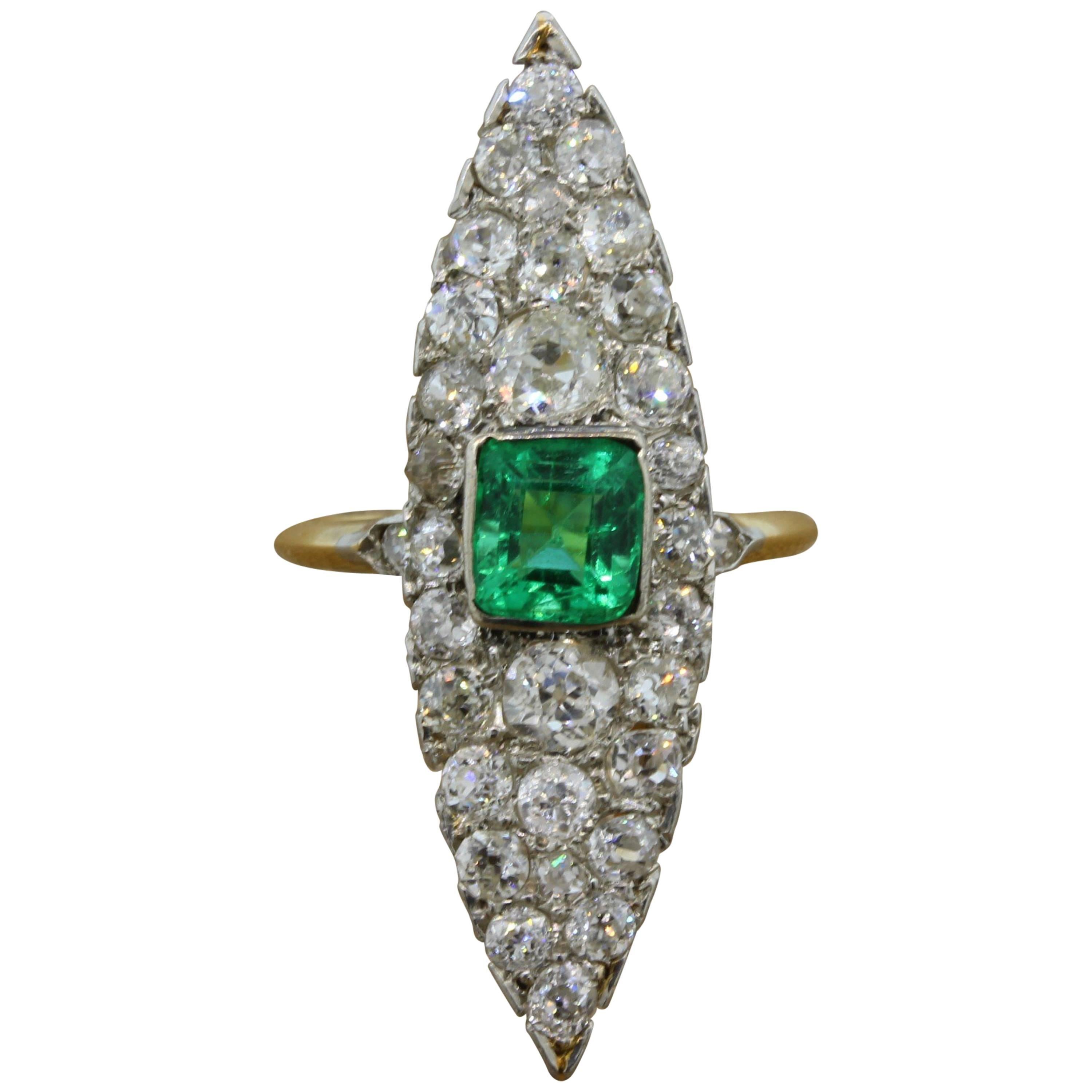 Antique Emerald Diamond Gold Navette Ring