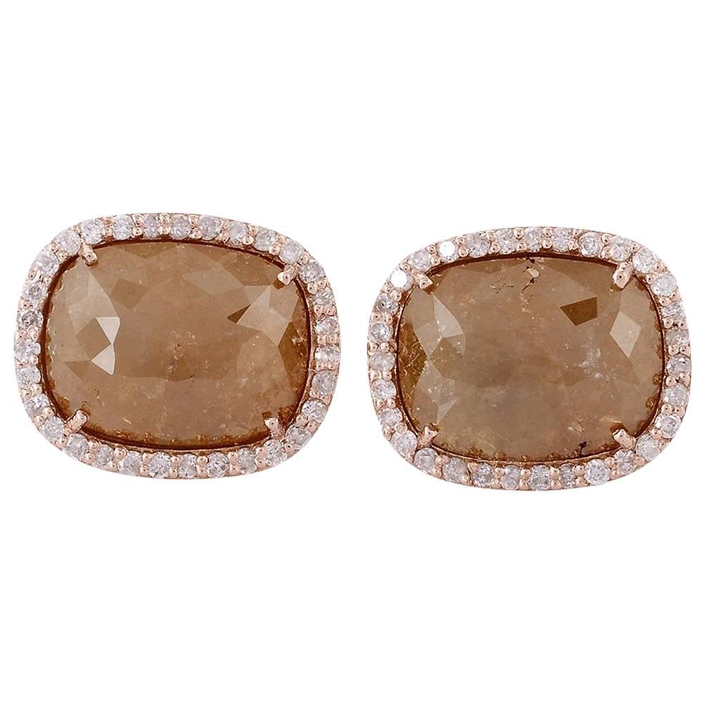 Yellow Brown Bold Ice Diamond Stud With Pave Diamonds Made In 18k Gold For Sale