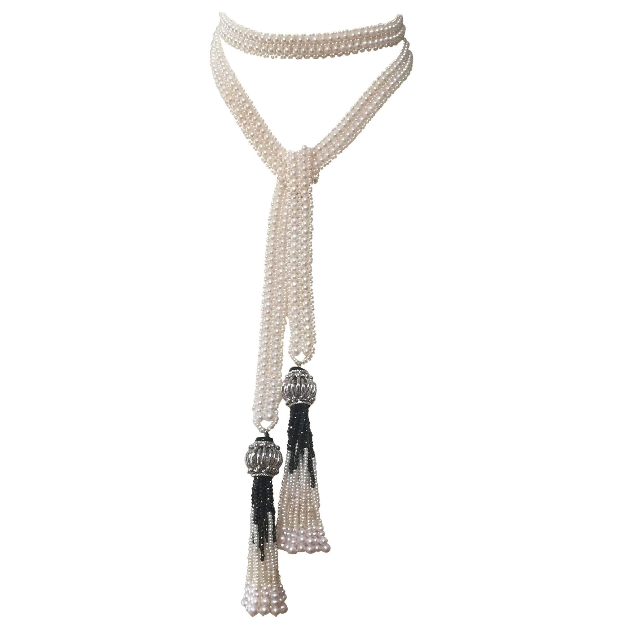 Double Strand Pearl Sautoir with Onyx and Pearl Tassels by Marina J