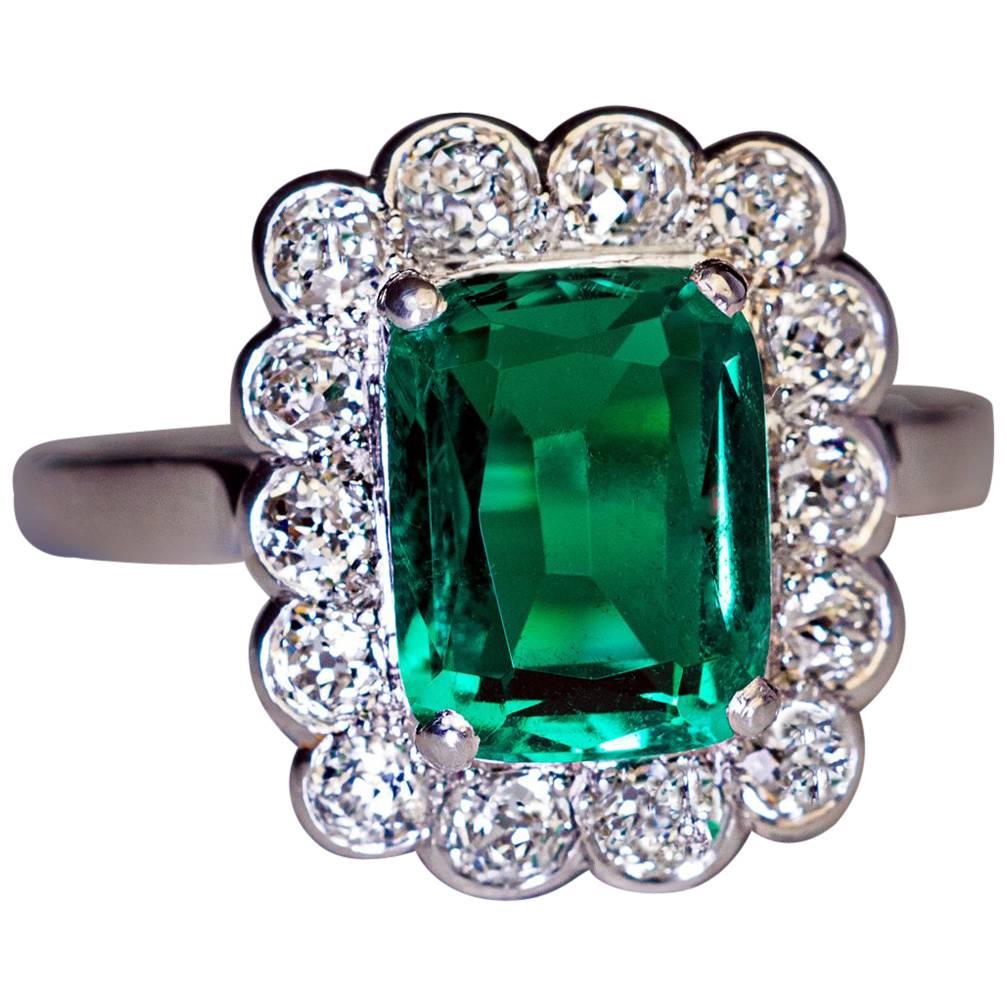 Rare Untreated 2.31 Carat Colombian Emerald Diamond Ring