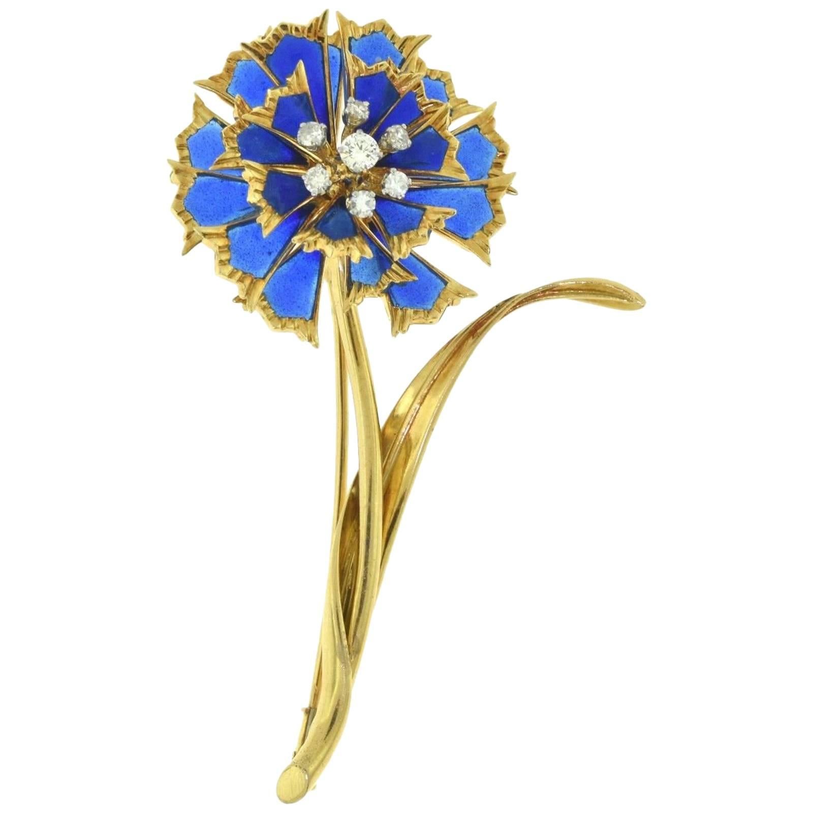 Estate Plique-à-Jour Blue Enamel and Diamond Gold Long Flower Brooch For Sale