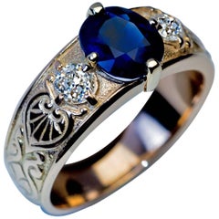 Antique Three-Stone Sapphire Diamond Gold Unisex Ring