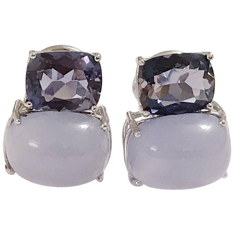 White Gold Double Cushion Earrings with Iolite and Cabochon Chalcedony For Sale