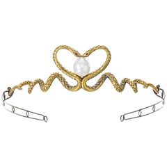 Wendy Brandes 18K Yellow Gold Snake Tiara with South Sea Pearl, Diamonds, Rubies
