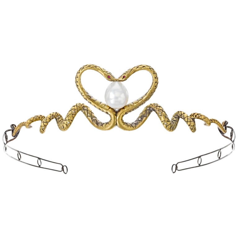 Wendy Brandes 18K Yellow Gold Snake Tiara with South Sea Pearl, Diamonds, Rubies For Sale