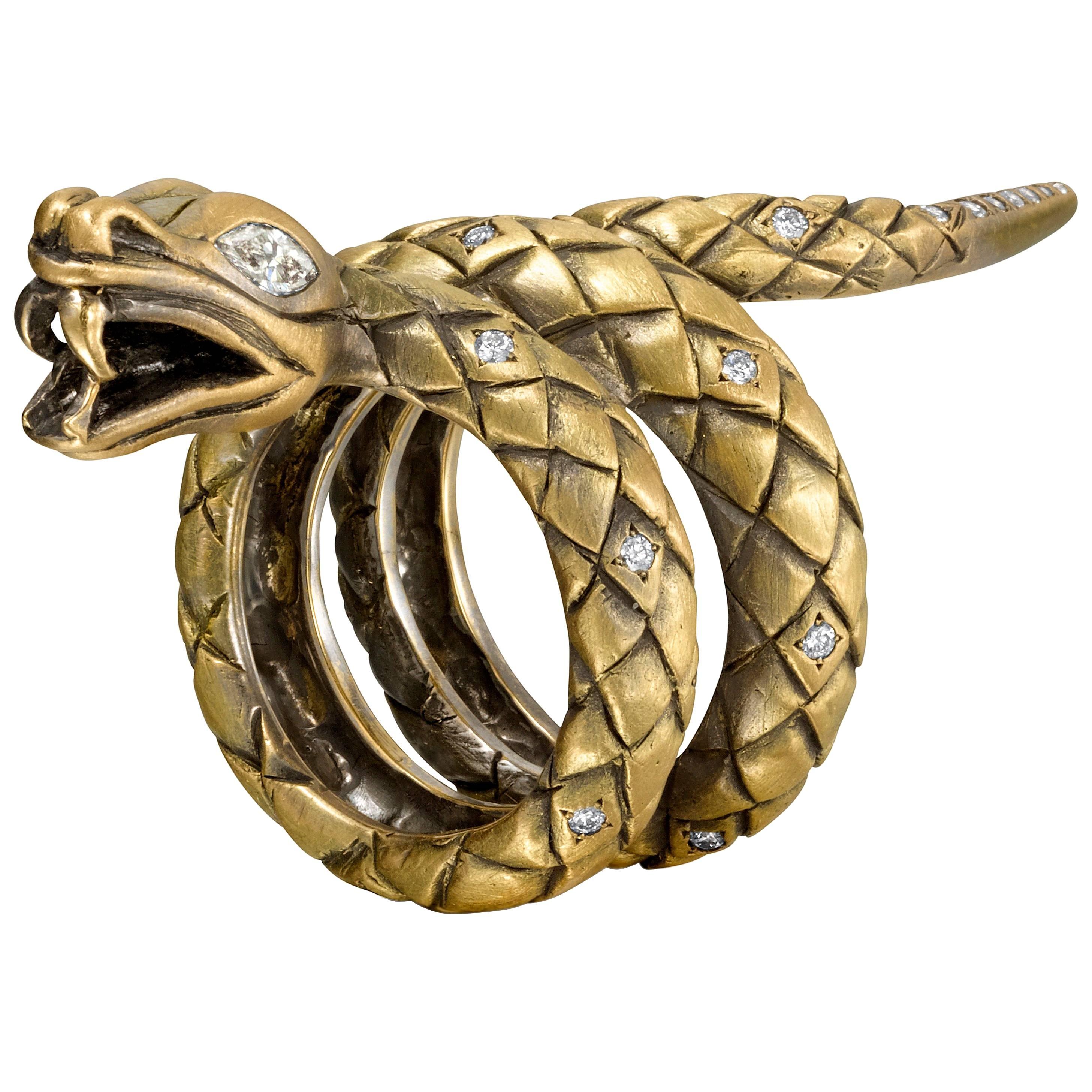 Wendy Brandes 18K Gold Snake Ring With Diamond Accents