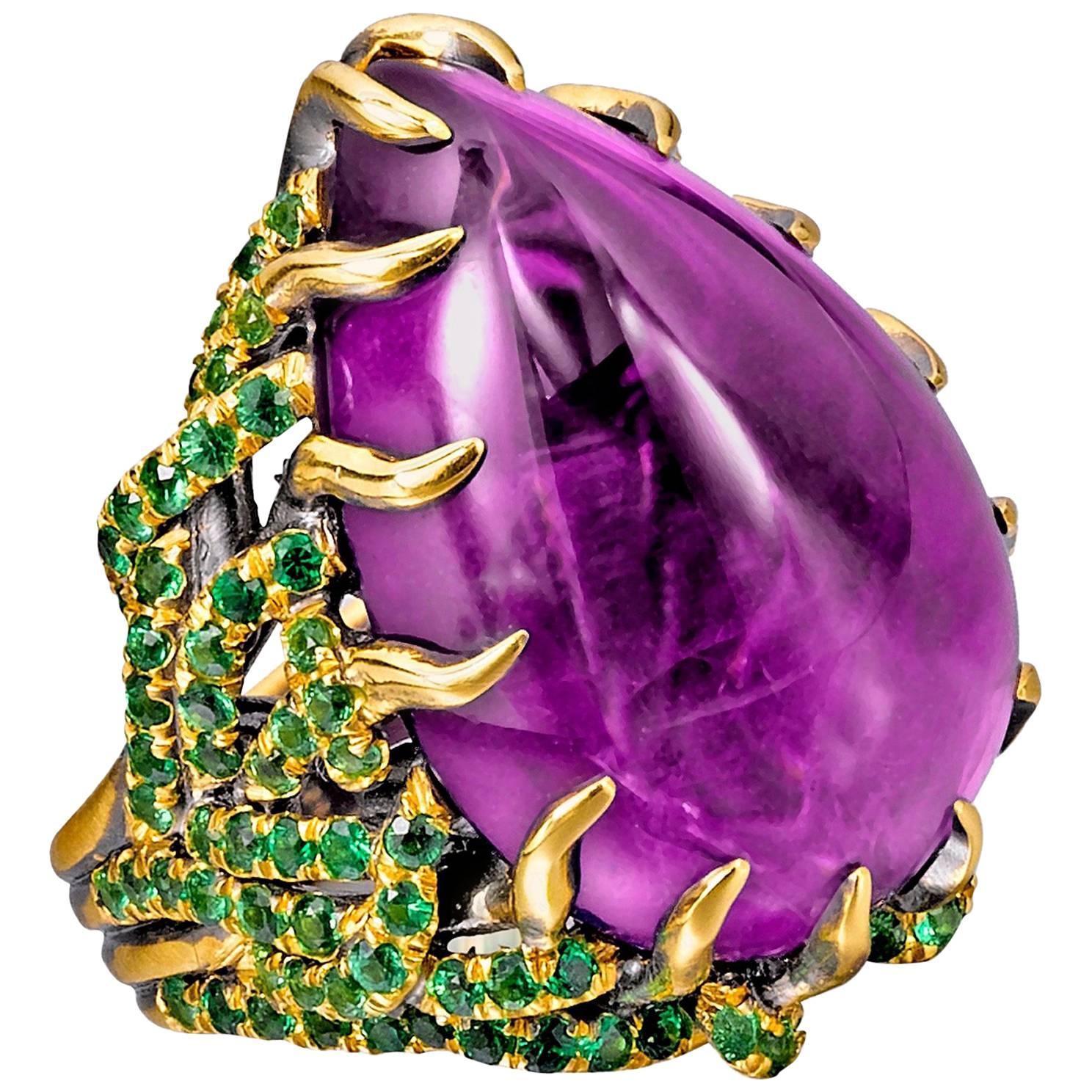 Wendy Brandes Amethyst Cabochon Cocktail Ring With Green Garnets