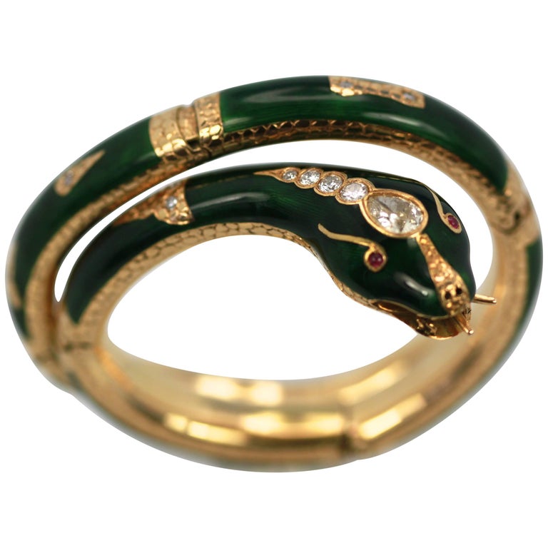 Diamond Guilloche Enamel Snake Serpent Bracelet 18 Karat 2.25 Carat For