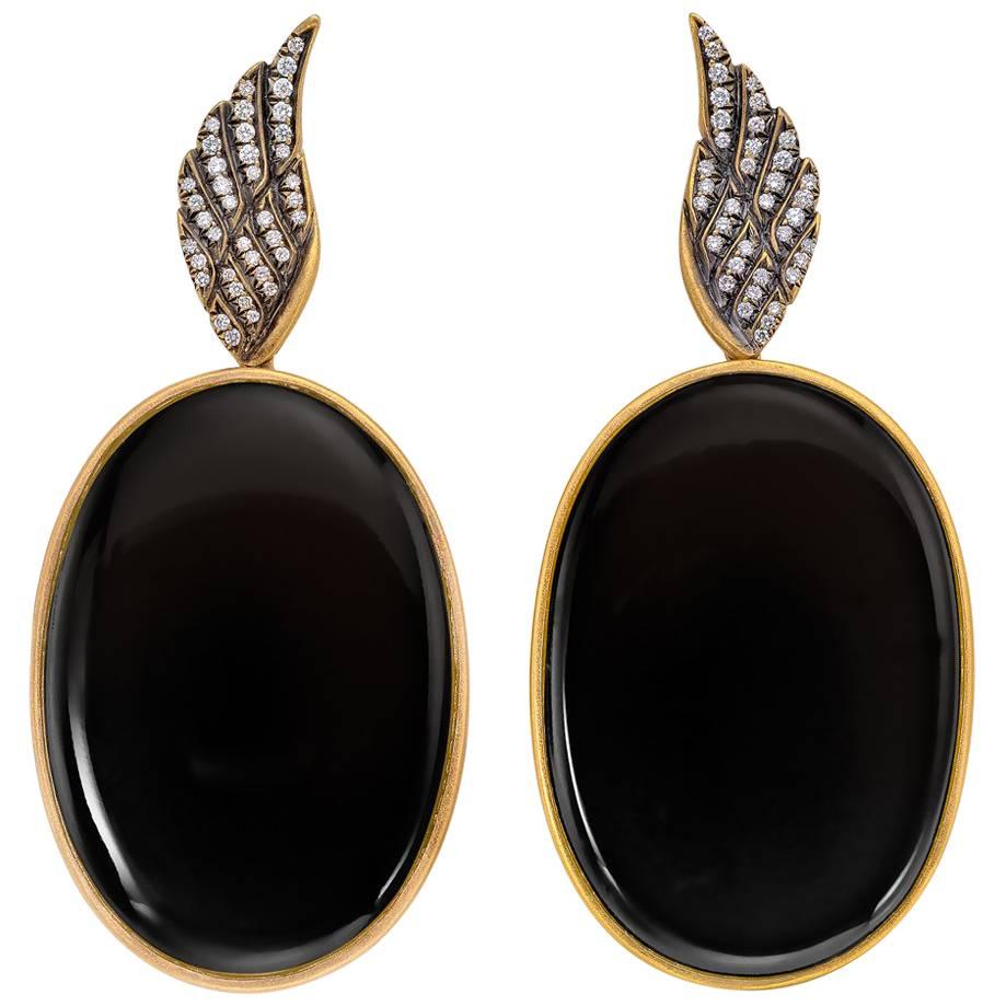 Wendy Brandes Onyx and Diamond Yellow Gold Earrings