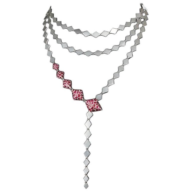 Youmna Fine Jewellery 18 Karat White Gold Harlequin Necklace with Rubies For Sale