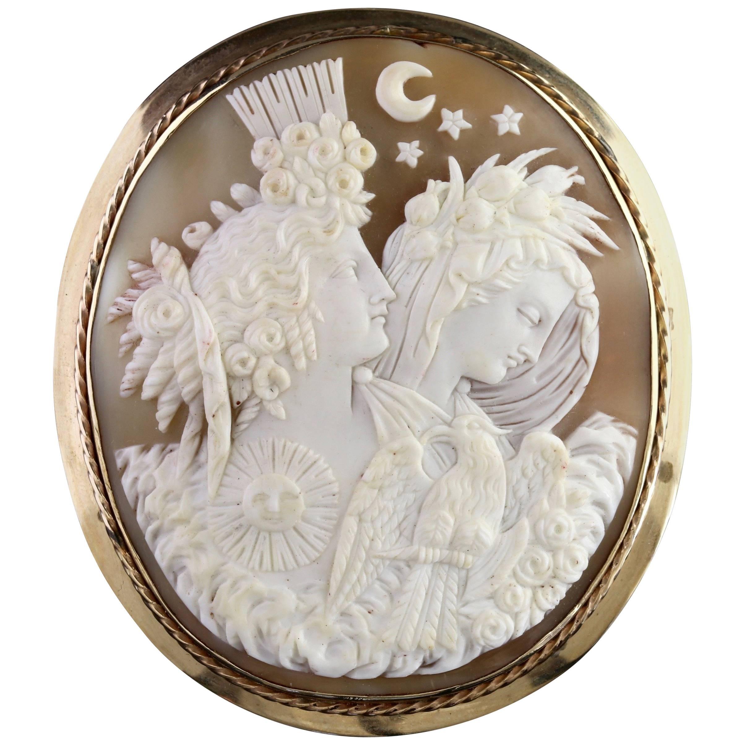 Antique Victorian Large 15 Carat Gold Night and Day Cameo Brooch, circa 1860