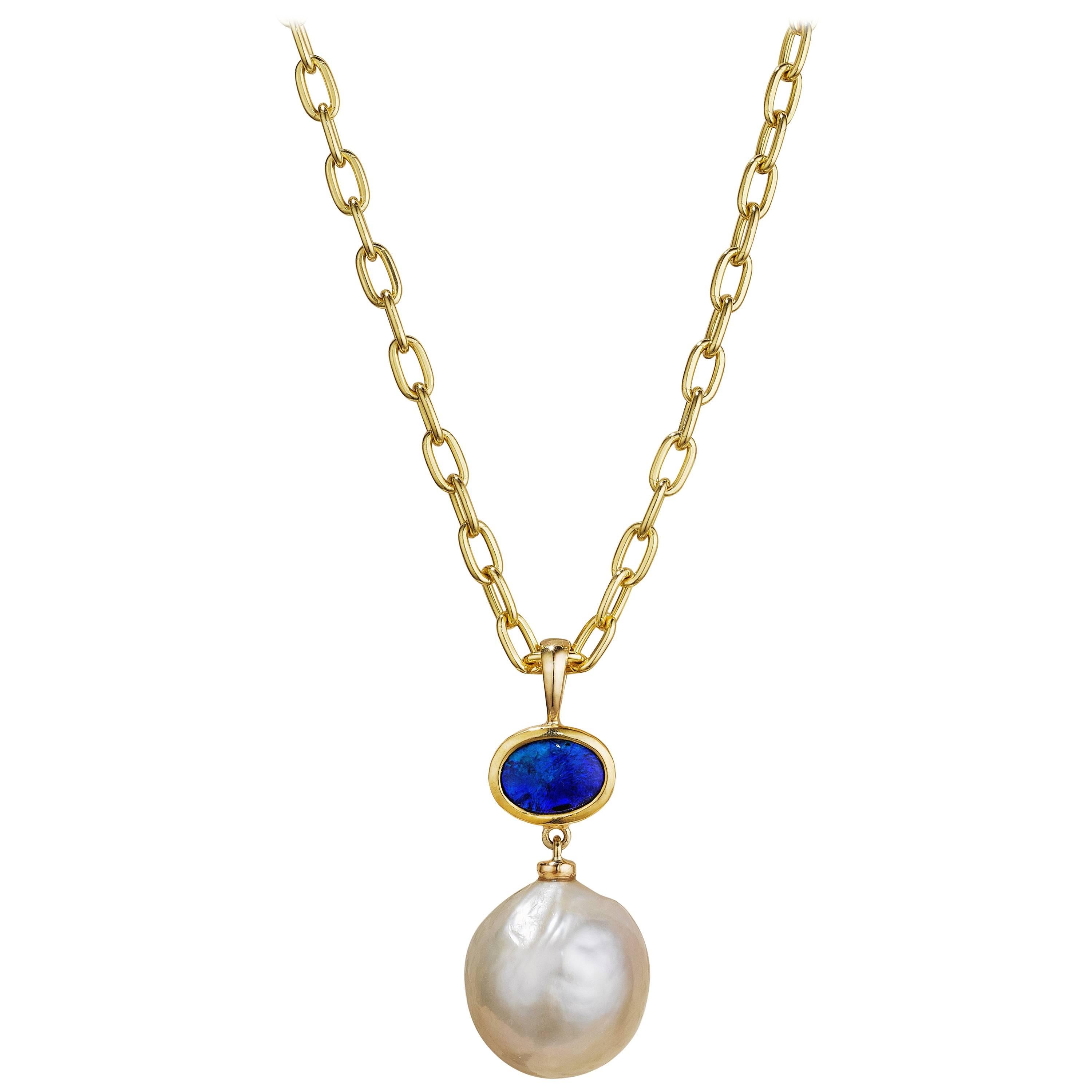 13 mm Kasumi Pearl, Solid Australian Opal and 18 Karat Gold Pendant Necklace