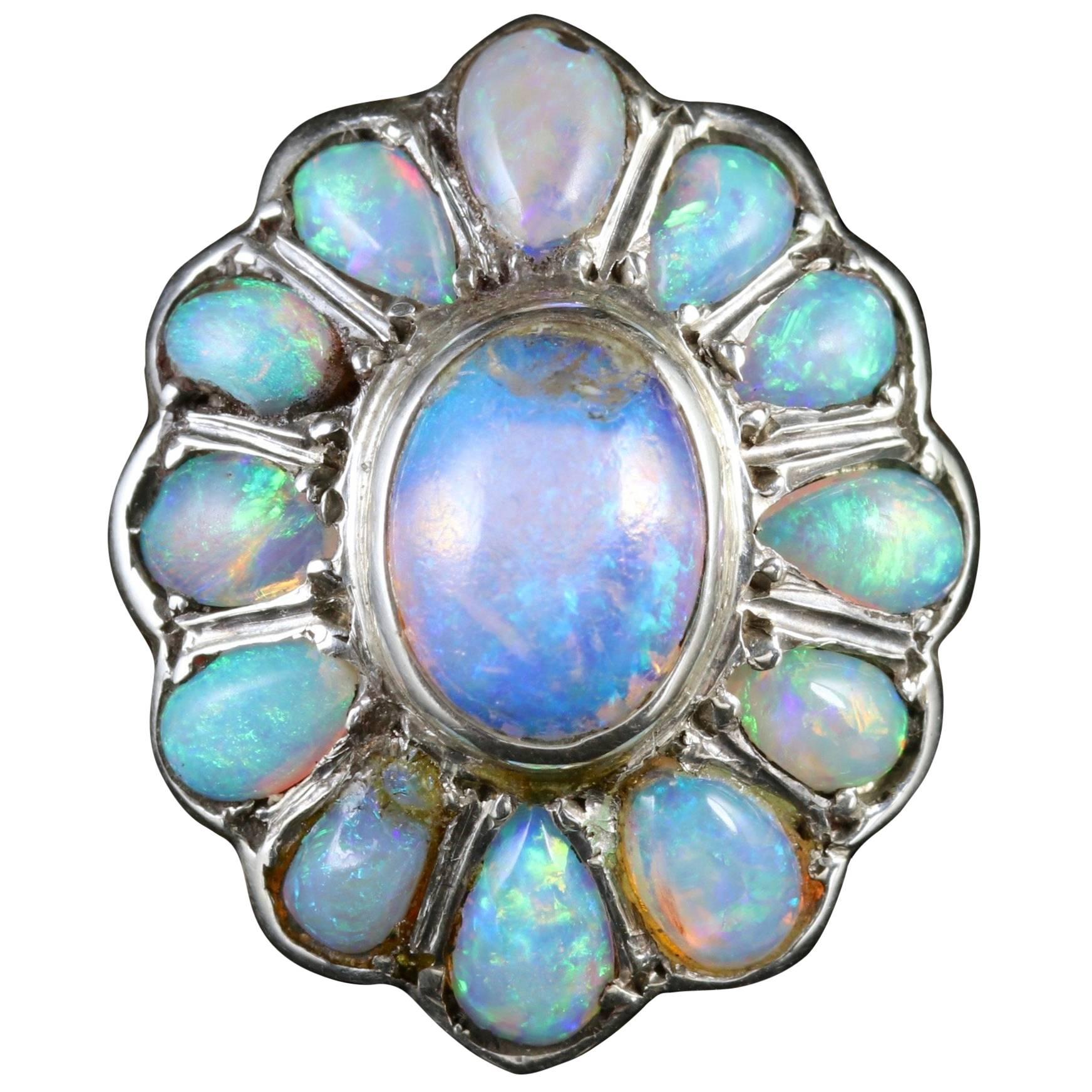 Antique French Victorian Opal Silver Cluster Ring, circa 1900