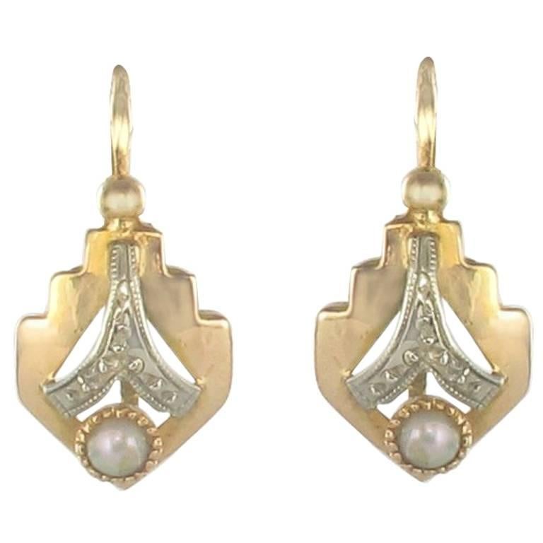 French 1930s Art Deco Natural Pearl 18K White Yellow Gold Drop Earrings