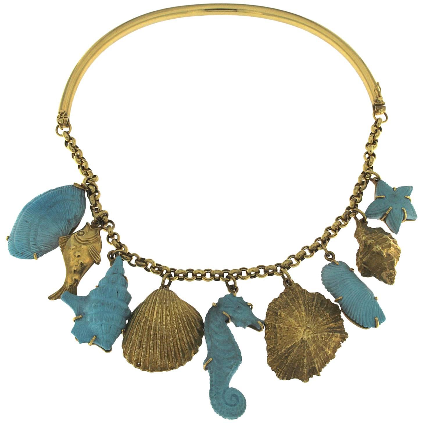 18 Karat Yellow Gold and Turquoise Necklace