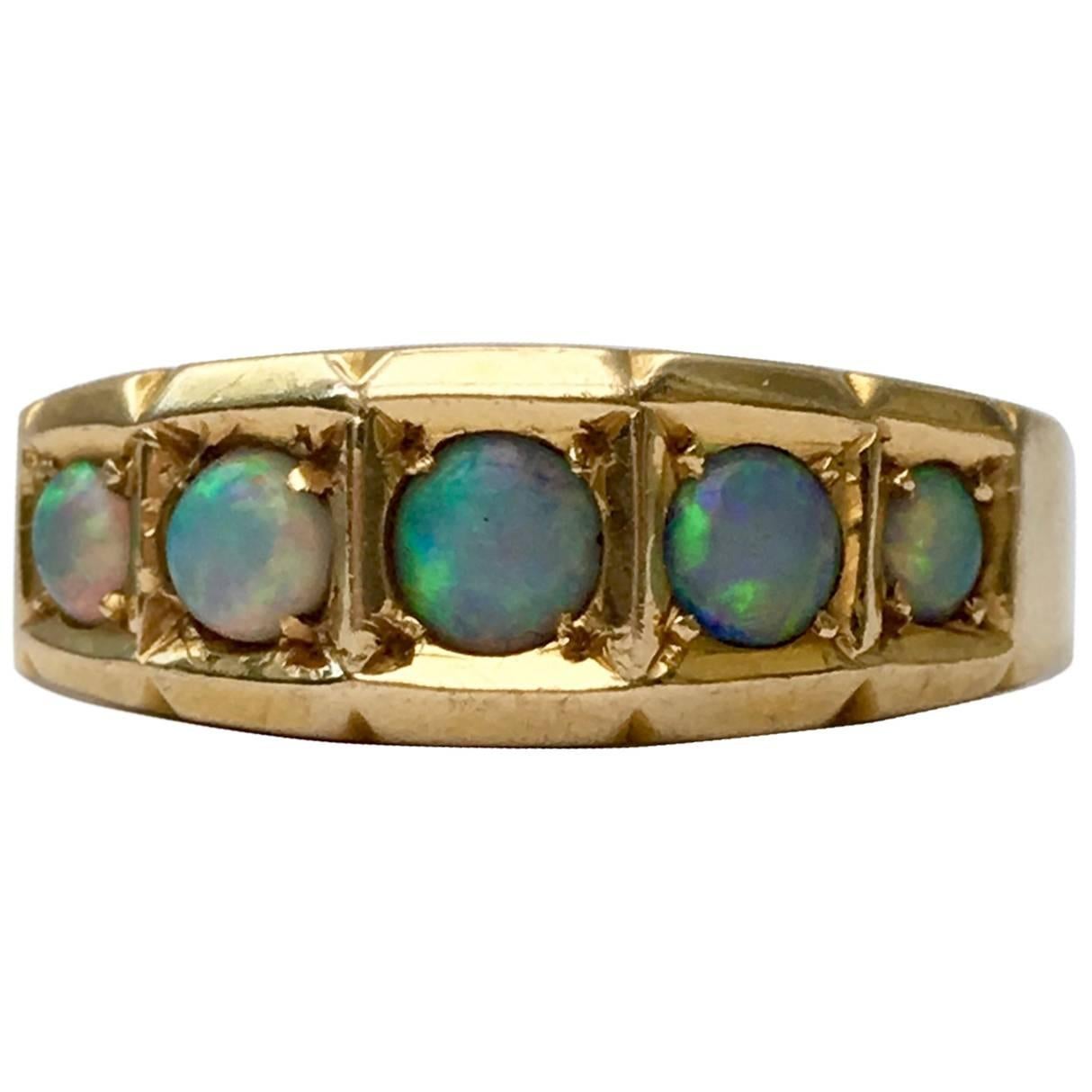 Opal Ring 18 Carat Gold Vintage Jewelry Five-Stone Band Victorian Antique Rings