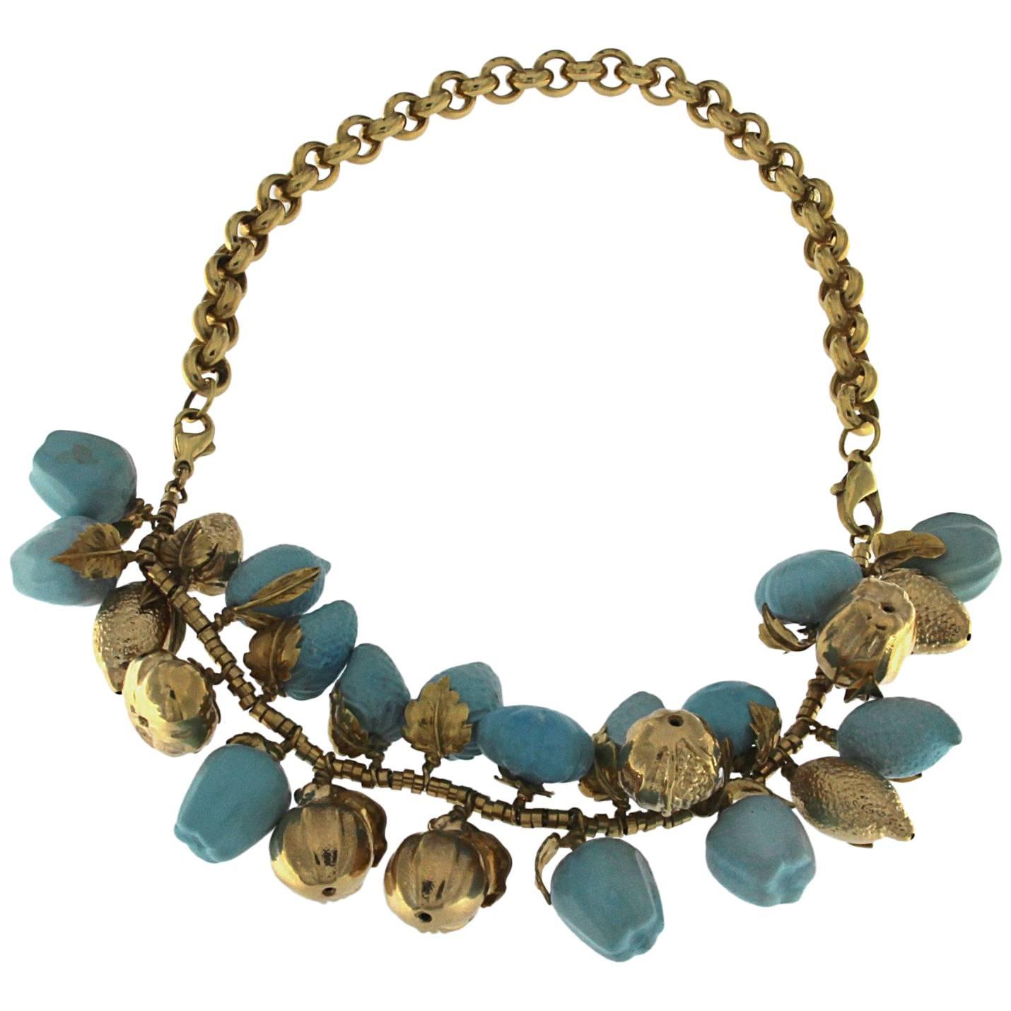 Turquoise and 18 Karat Yellow Gold Fruit Necklace For Sale