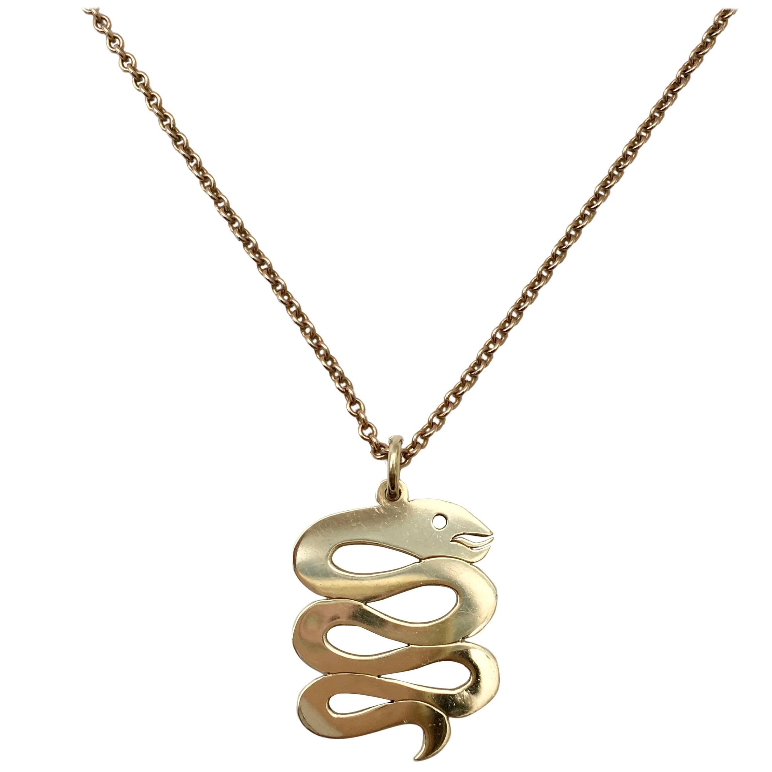 1970s Vintage Gold Snake Serpent Charm Talisman Pendant Marked T & Co.