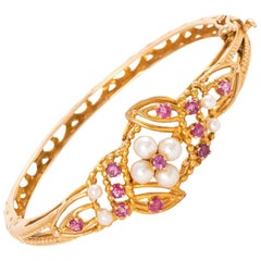 14 Karat Gold Floral Bracelet with Rubies and Pearls
