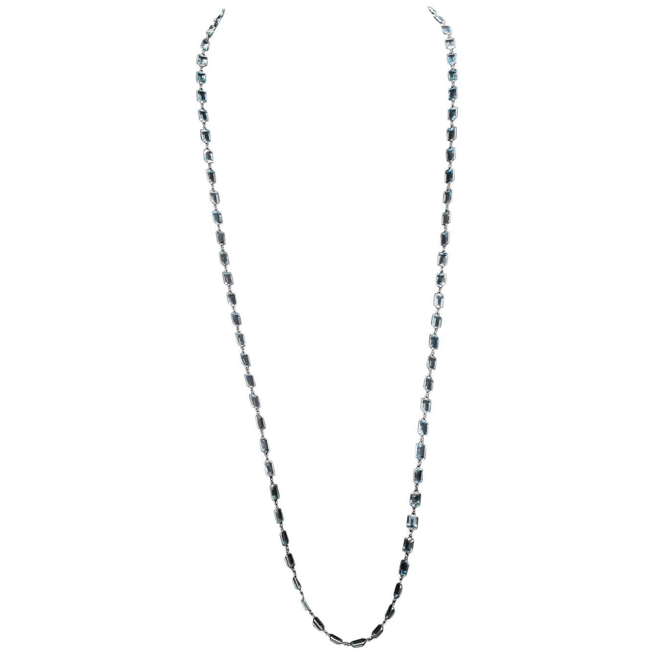 Classic 14 Karat White Gold Blue Topaz by the Yard Necklace For Sale