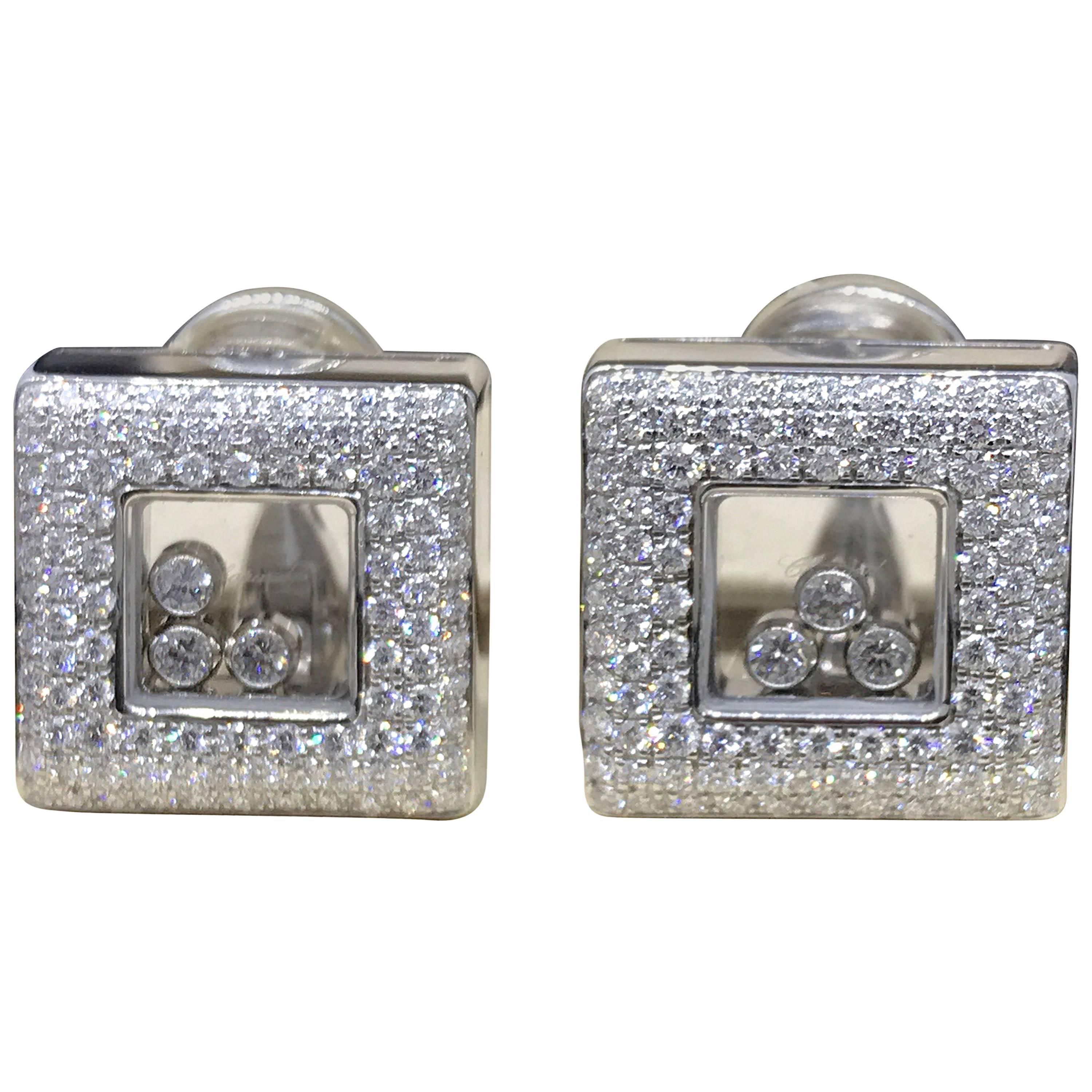 Chopard Happy Diamonds Square 18 Karat White Gold Diamond Earrings 84/2768-20 For Sale