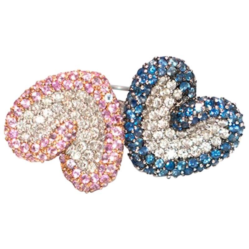 Bespoke Pink and Blue Pave Set Diamond 18 Karat White Gold Ring Set For Sale
