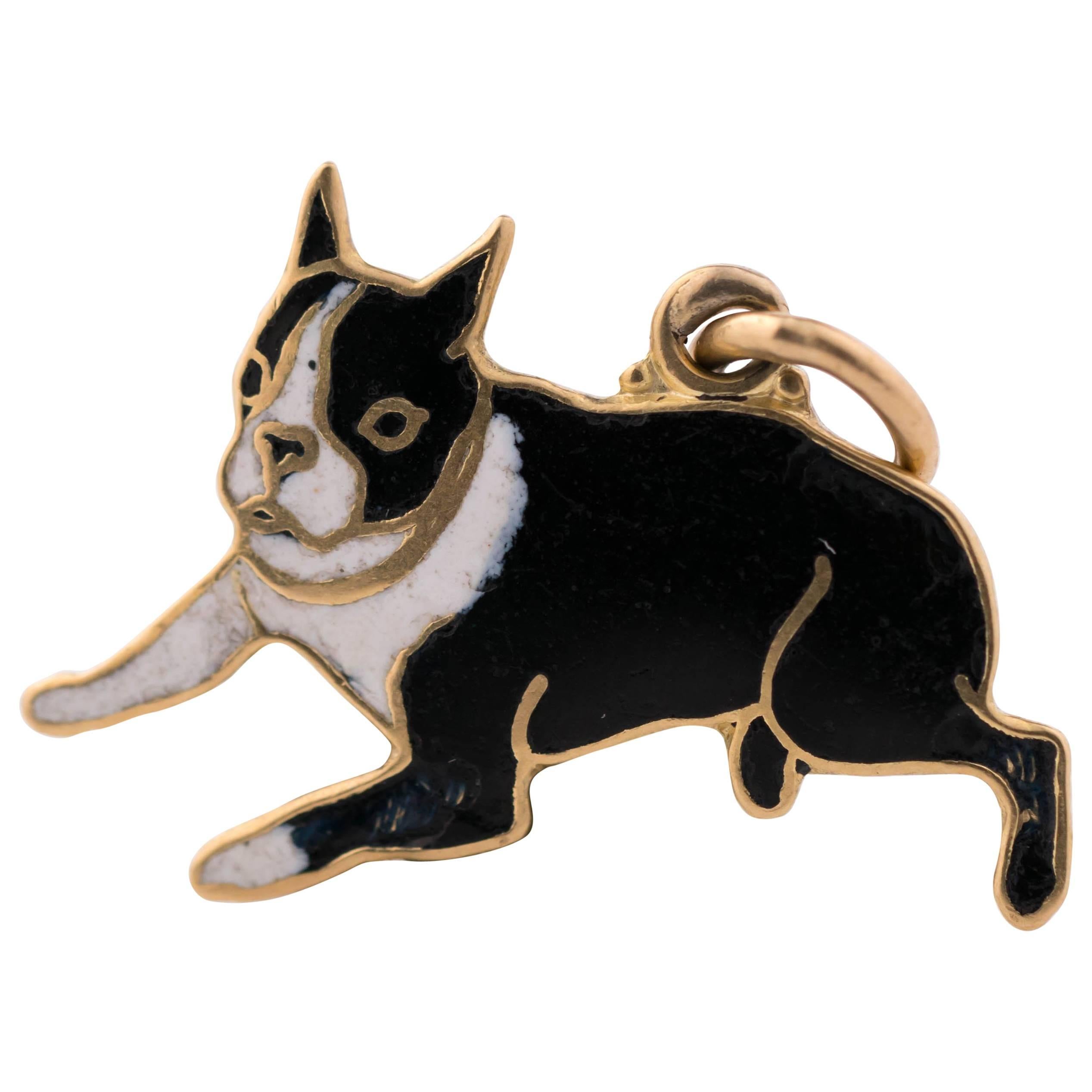 1950s 14 Karat Gold and Enamel Boston Terrier Dog Charm Pendant