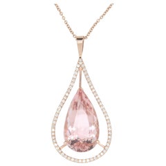 21.94 Carat Pear Shaped Pink Morganite and Diamond Pendant