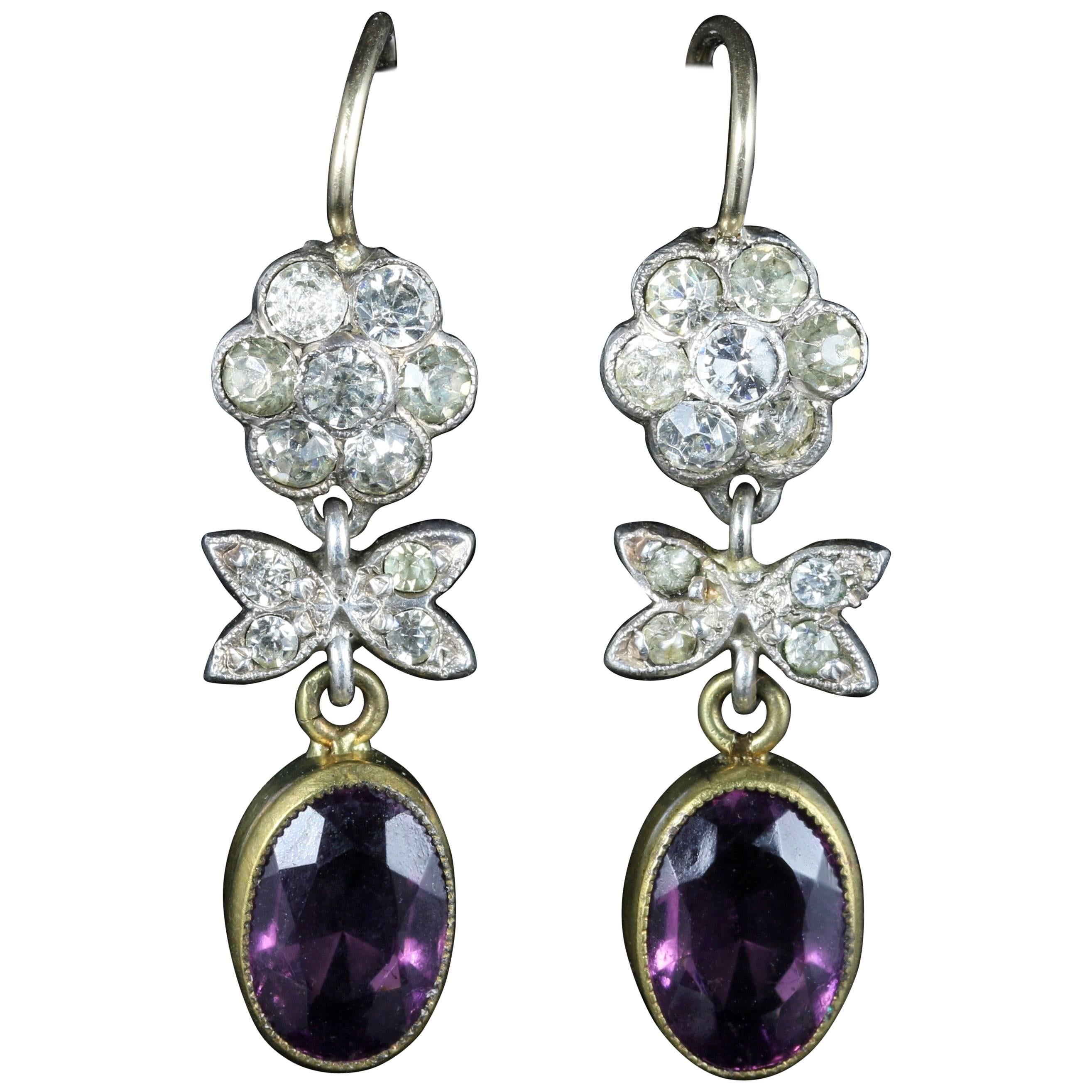 Antique Victorian Amethyst Paste Earrings Gold Silver For Sale