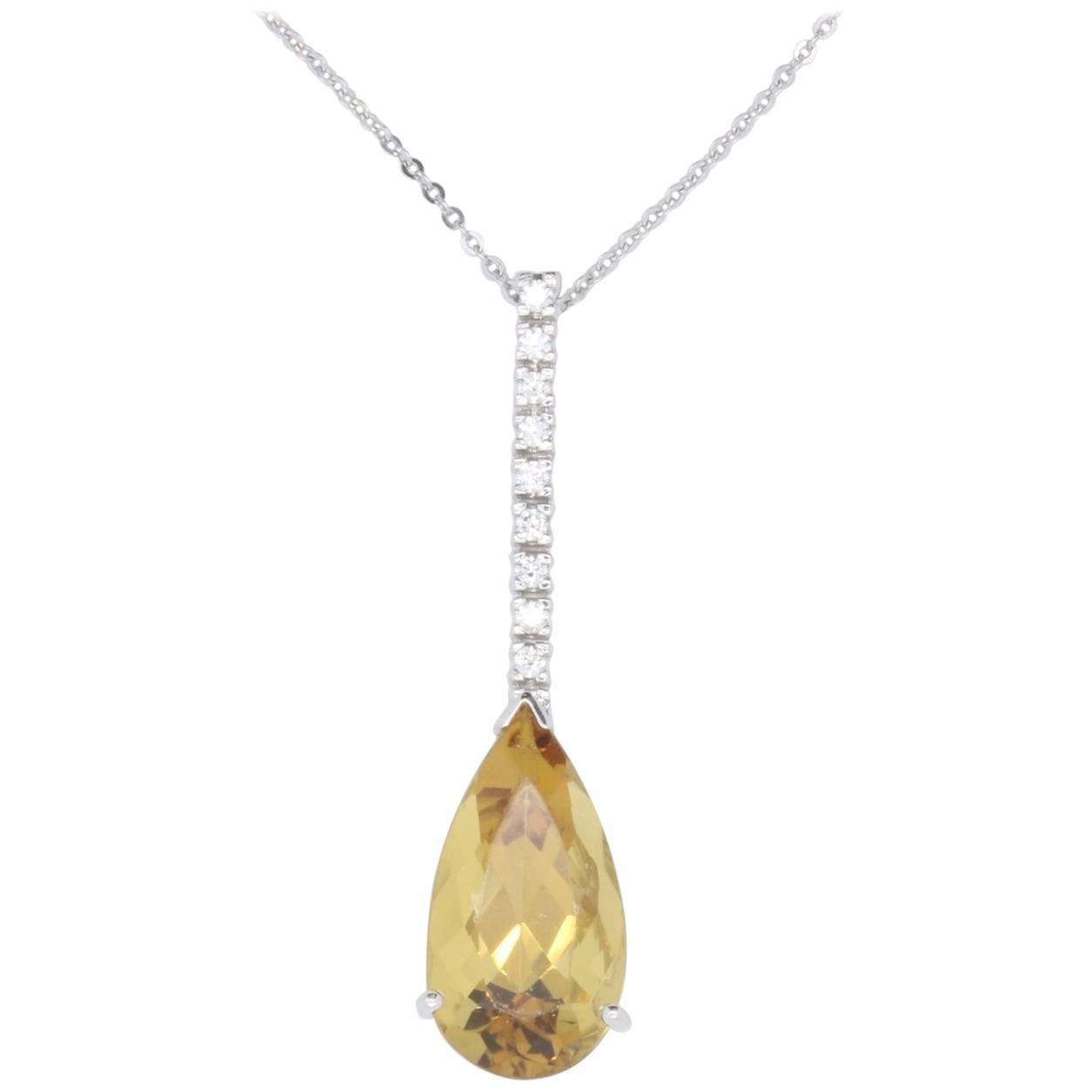 7.41 Carat Pear Shaped Yellow Beryl and White Diamond Pendant