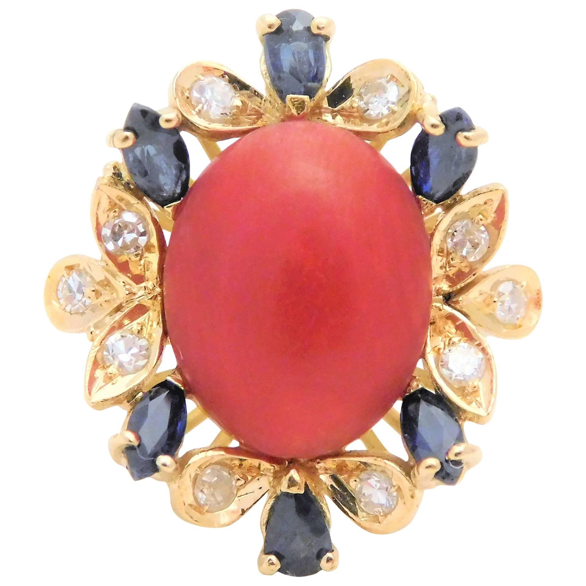 Coral Cabochon, Sapphire, and Spinel Cocktail Ring