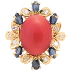 Antique Coral Cabochon, Sapphire, and Spinel Cocktail Ring