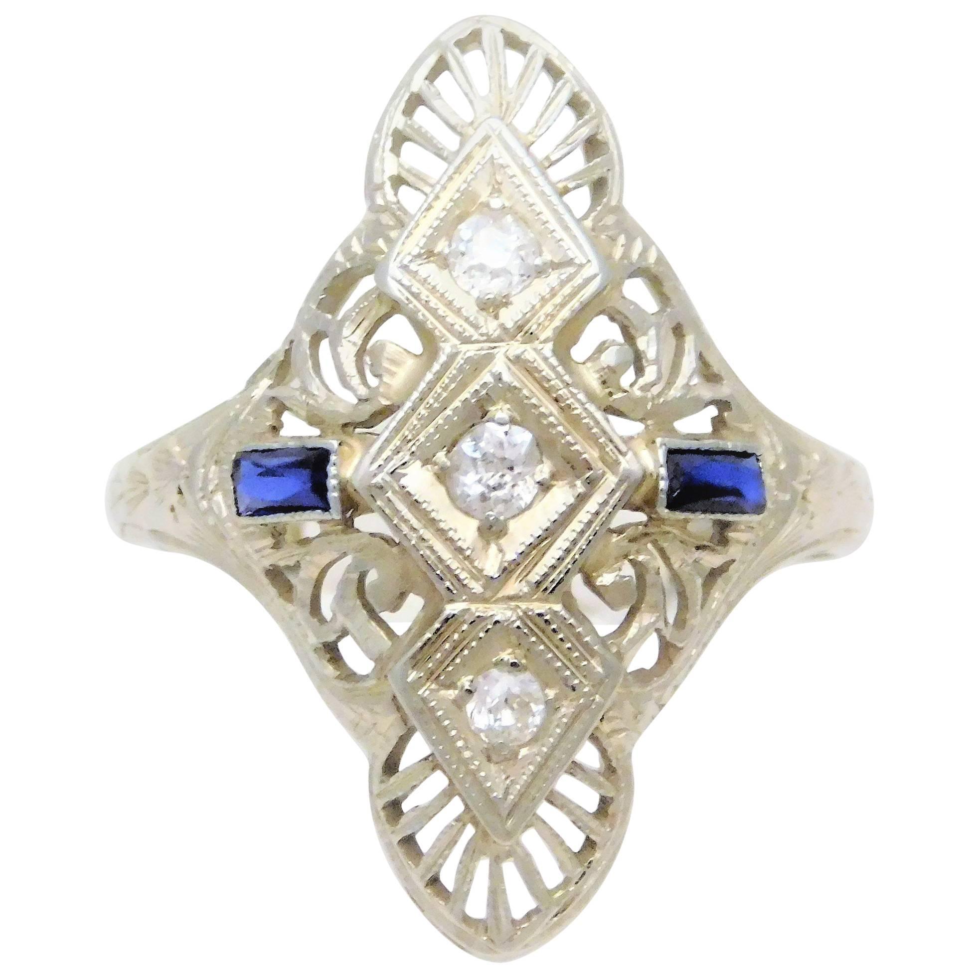 Ladies’ 18k Late Victorian “Shield Ring” with Sapphires and Old Mine-cut Diamond