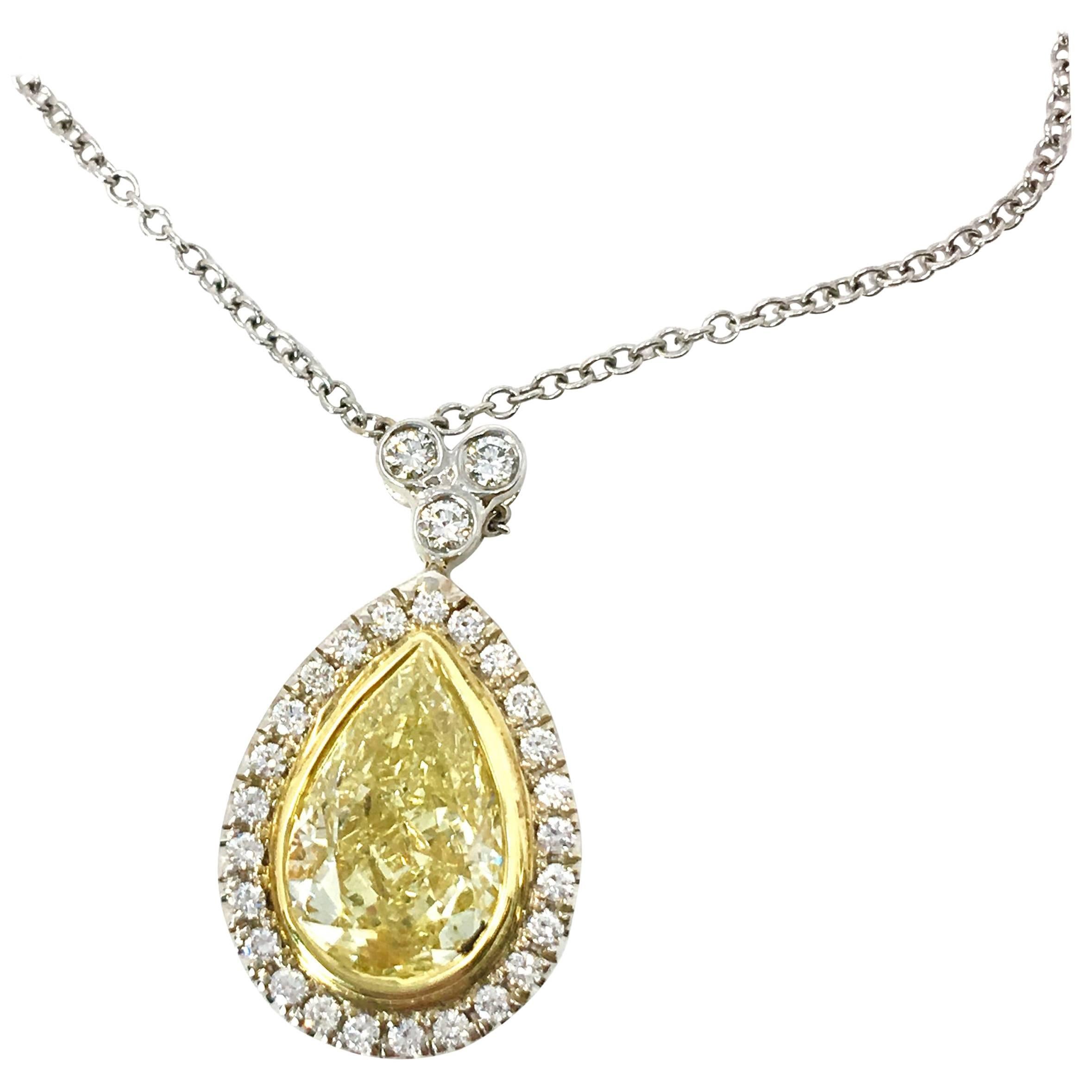 GIA Certified 1.51 Carat Pear Shape Yellow Diamond Pendant