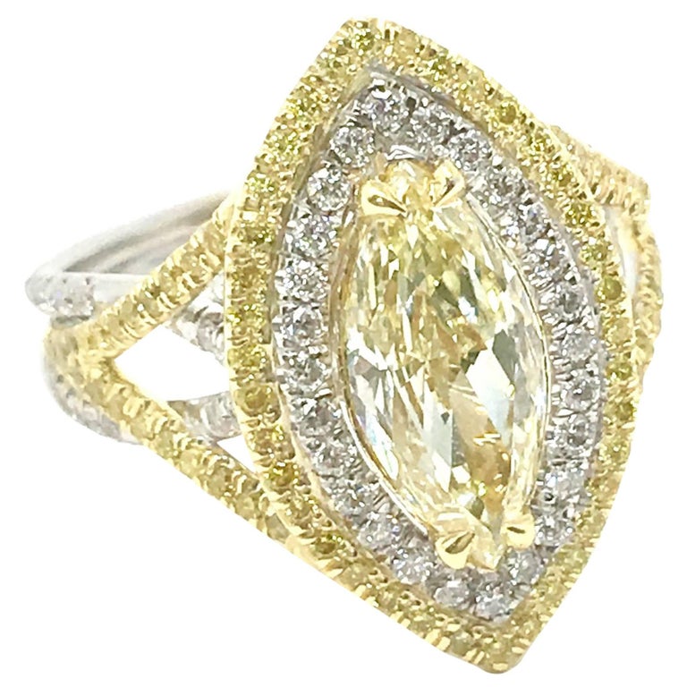 GIA Certified 1.42 Carat Yellow Diamond Marquise Cut Double Halo Ring ...